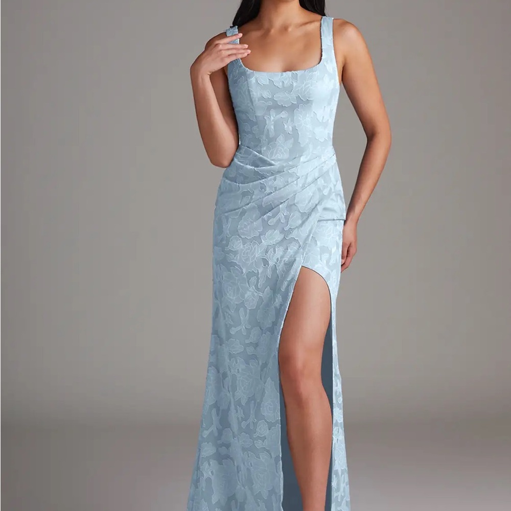 AZAZIE MERO Sky Blue Sheath Pleated Floral Burnout Dress